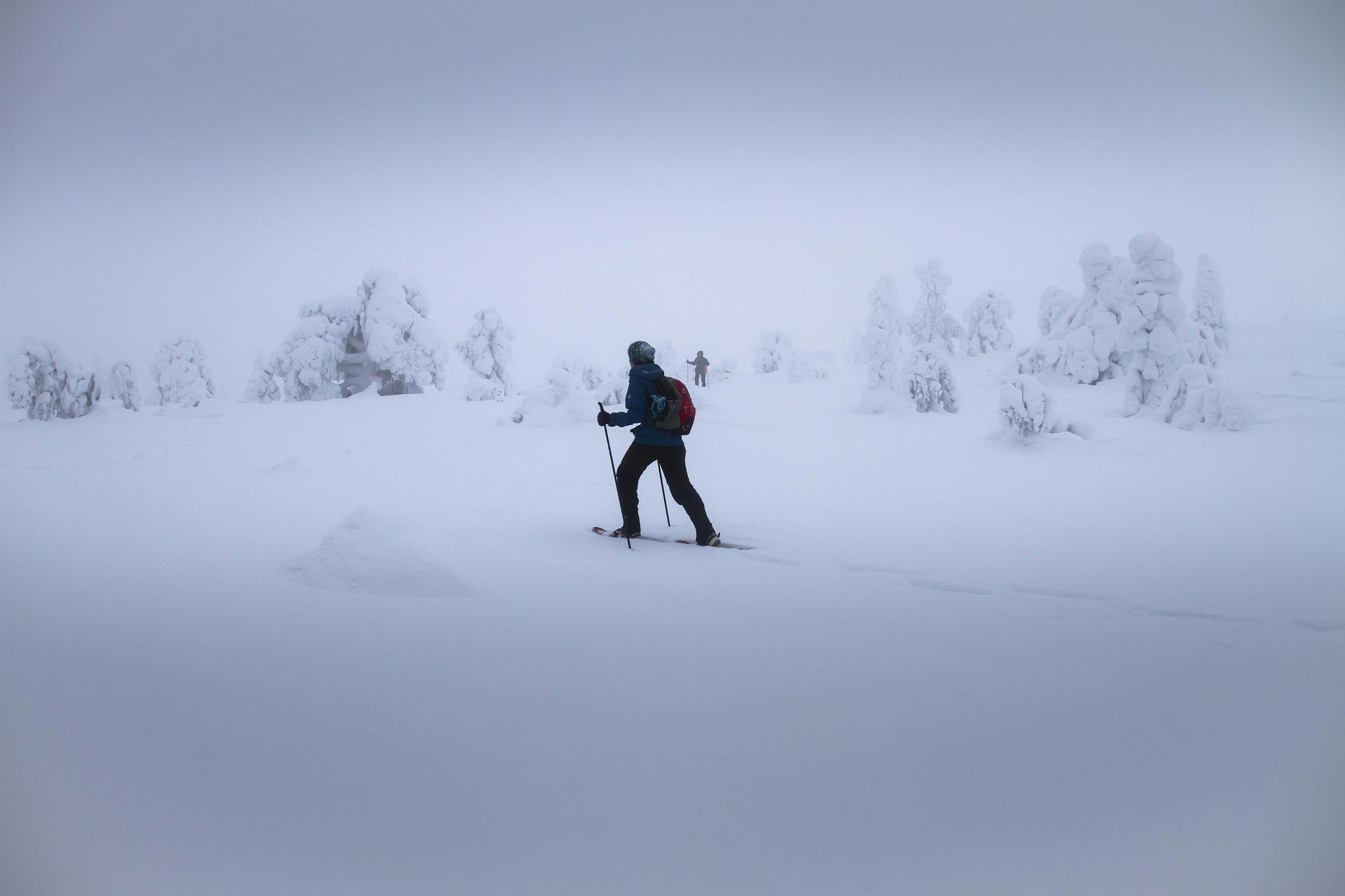 Ihminen talvisessa tykkylumimaastossa lumikenkäilemässä.